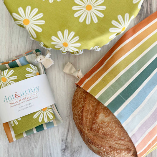 Daisy and Stripe Bread Makers Set- Bread Bag and Cover