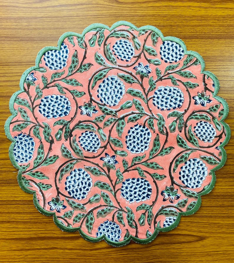 Dark Salmon Pink, Sage Green, Delft Blue Floral Placemat - Set of 4