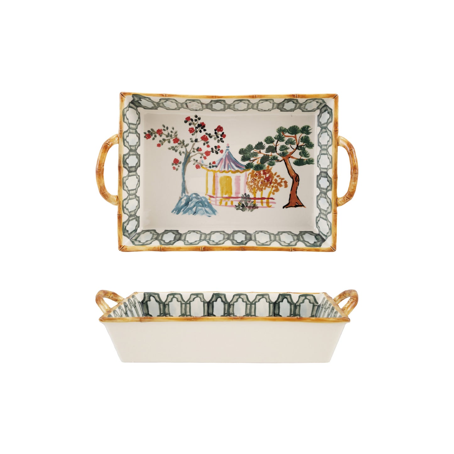 Stoneware Baker w/house, trees bamboo style