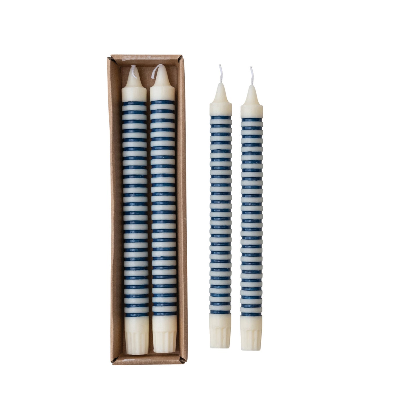 Unscented Striped Taper Candles in Box, Blue, Set of 2