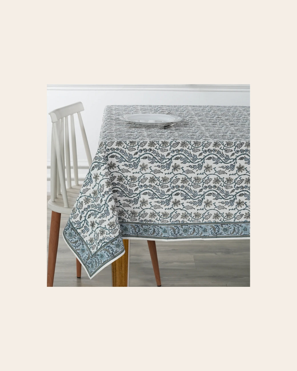 70 X 118” Denim and Baby Blue Indian Floral Tablecloth