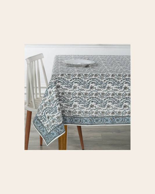 70 X 118 Denim and Baby Blue Indian Floral Tablecloth