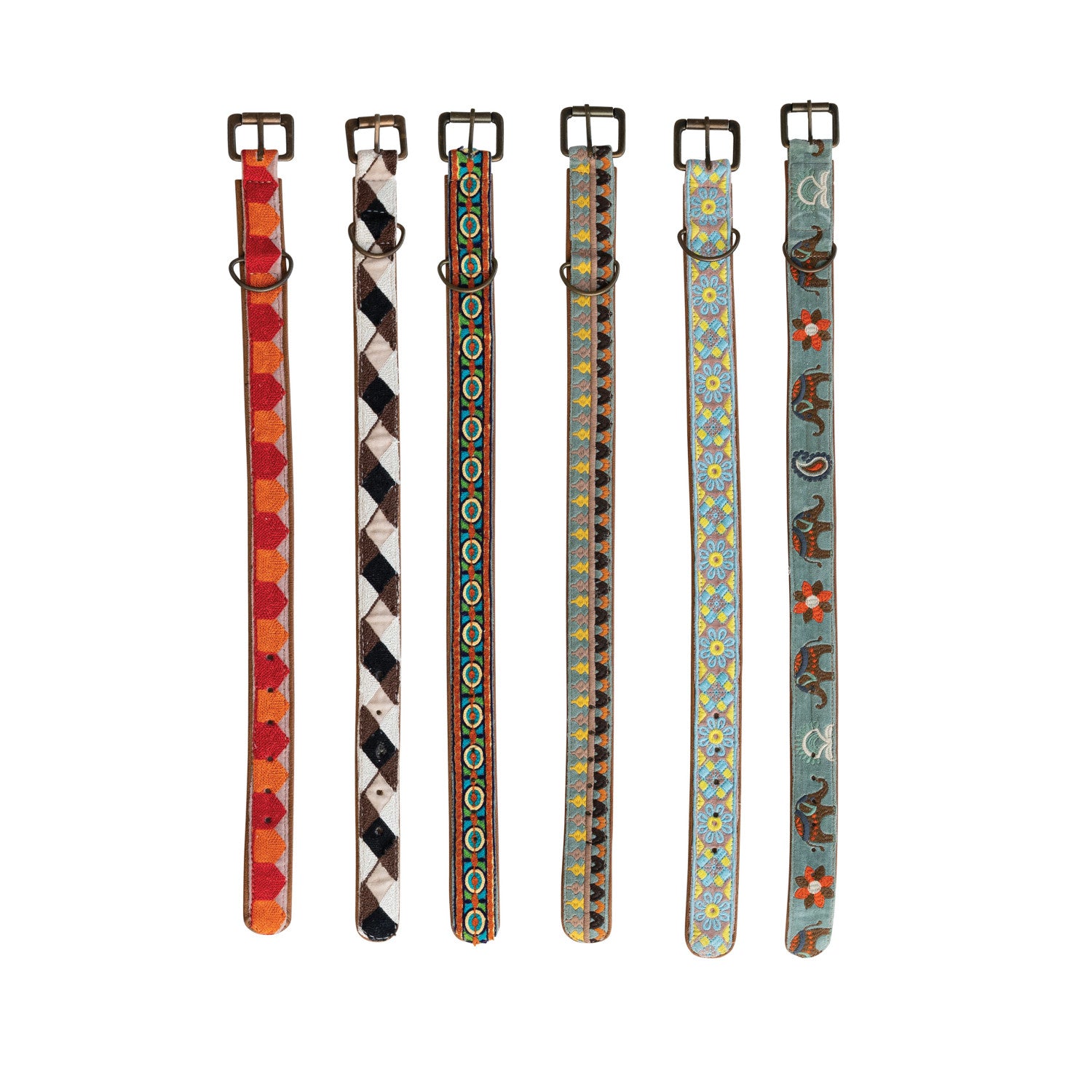 Cotton & Leather Dog Collar w/ Embroidery & Metal Buckle, Multi Color, 6 Styles, Medium