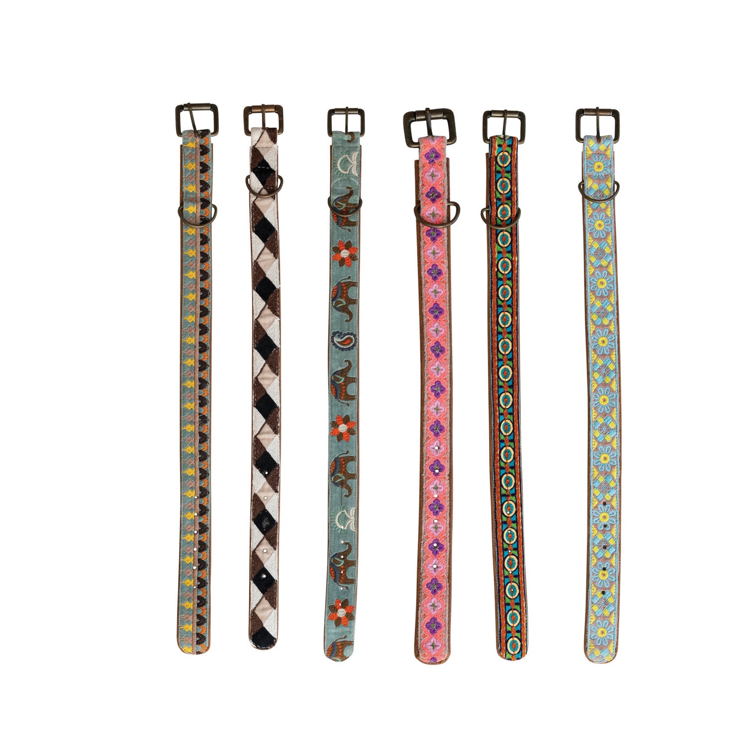 Cotton & Leather Dog Collar w/ Embroidery & Metal Buckle, Multi Color, 6 Styles, Large