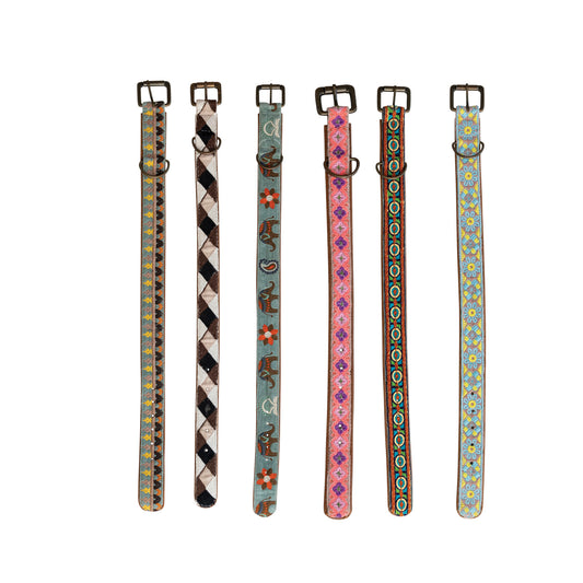 Cotton & Leather Dog Collar w/ Embroidery & Metal Buckle, Multi Color, 6 Styles, Large