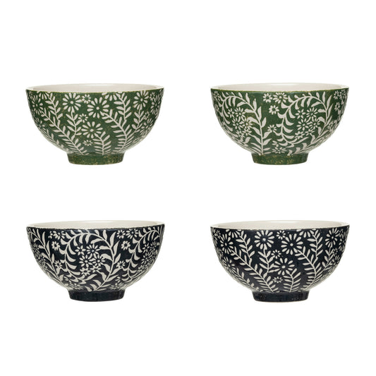 Stoneware Bowl w/ Wax Relief Botanicals, 2 Colors, 2 Styles