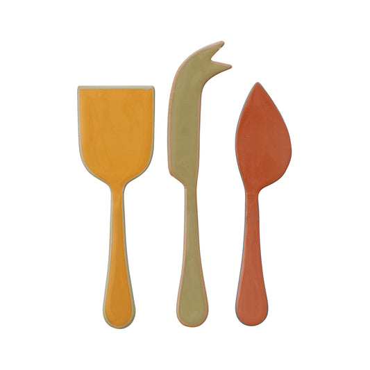 Enameled Stainless Steel Cheese Knives w/ Colored Edge, 3 Colors, Set of 3
