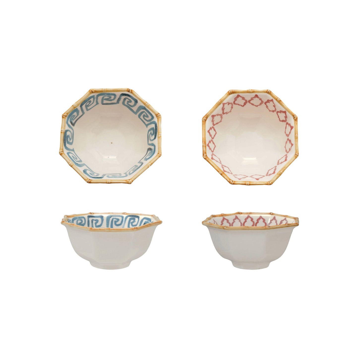 Hand-Painted Stoneware Octagon Shaped Bowl with Pattern & Bamboo Style Rim, 2 Styles