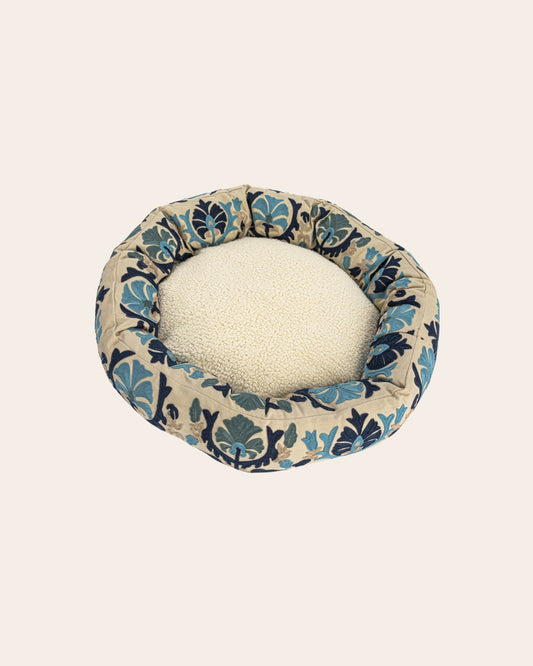 Cotton Embroidered & Sherpa Pet Bed w/ Washable Cover