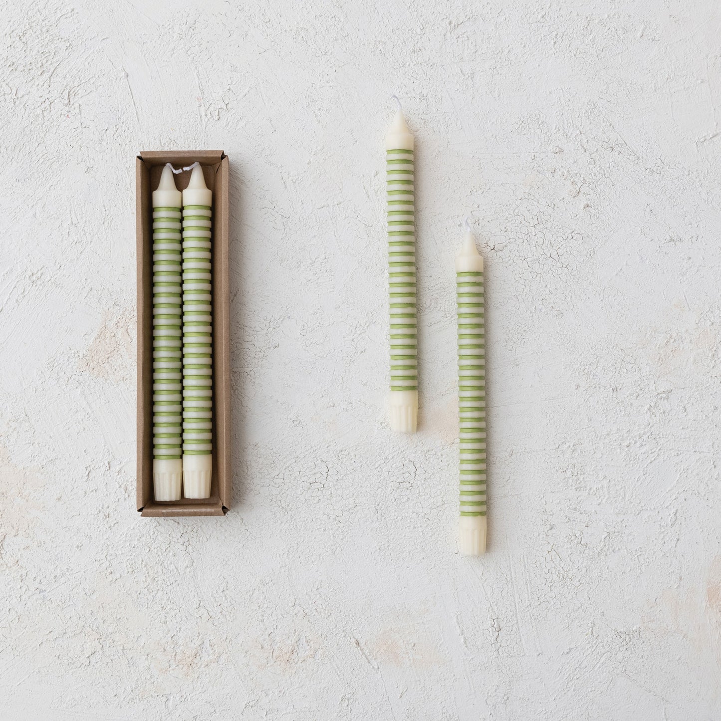 Unscented Striped Taper Candles in Box, Sage, Set of 2