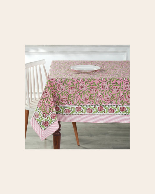 70 X 118 Strawberry Pink, Green and Red Tablecloth