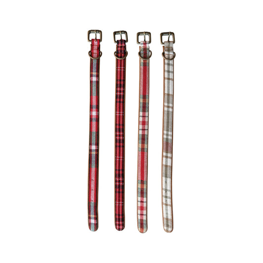 Cotton & Leather Dog Collar w/ Metal Buckle, Multi Color Plaid, 4 Styles, Large