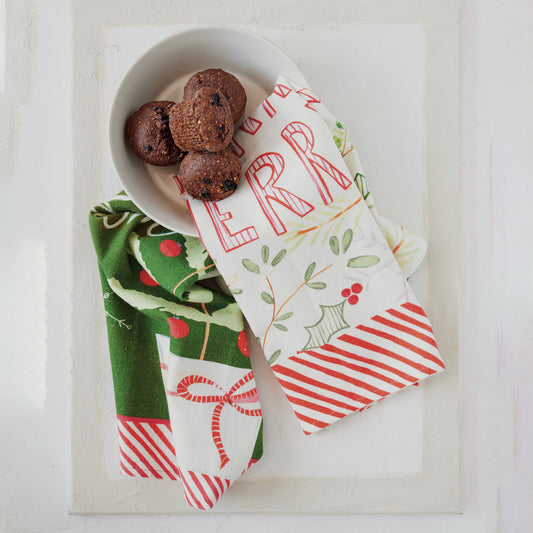 Cotton Slub Printed Tea Towel with Seasonal Image/Saying, 2 Styles