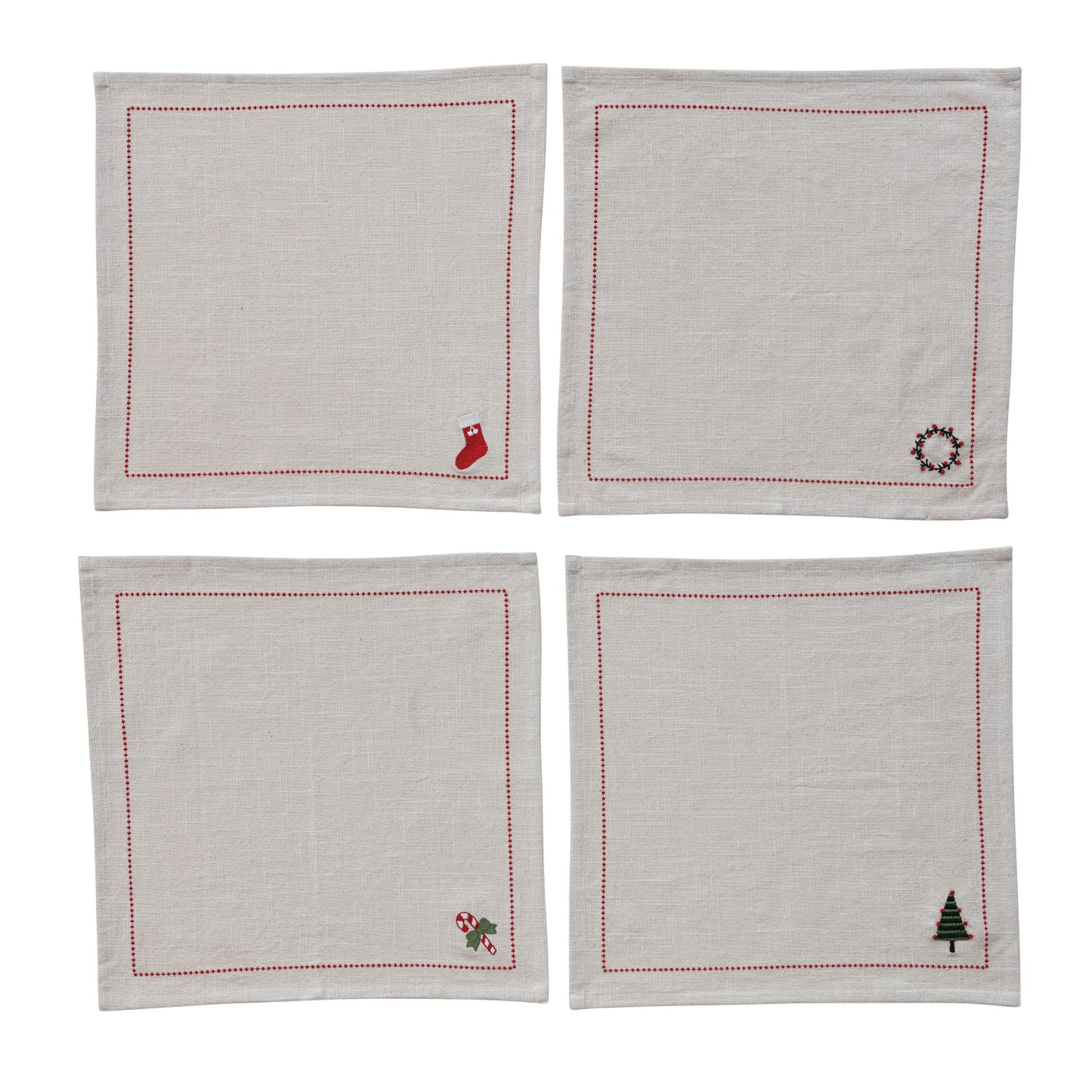 Woven Cotton Napkins with Embroidered Holiday Icons, Set of 4 Tied with Cotton Tape