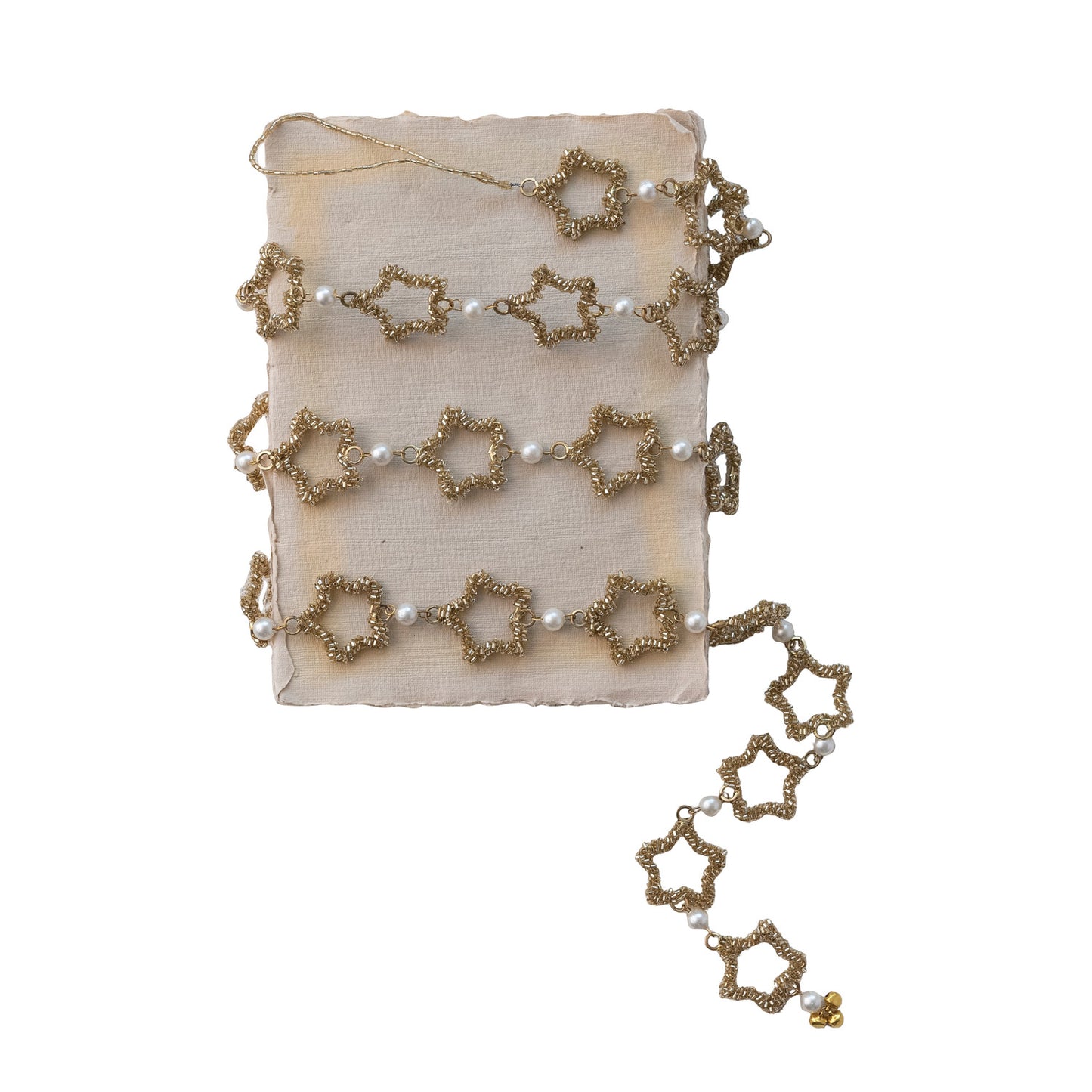 Metal & Glass Beaded Star Garland with Faux Pearls, Gold Finish