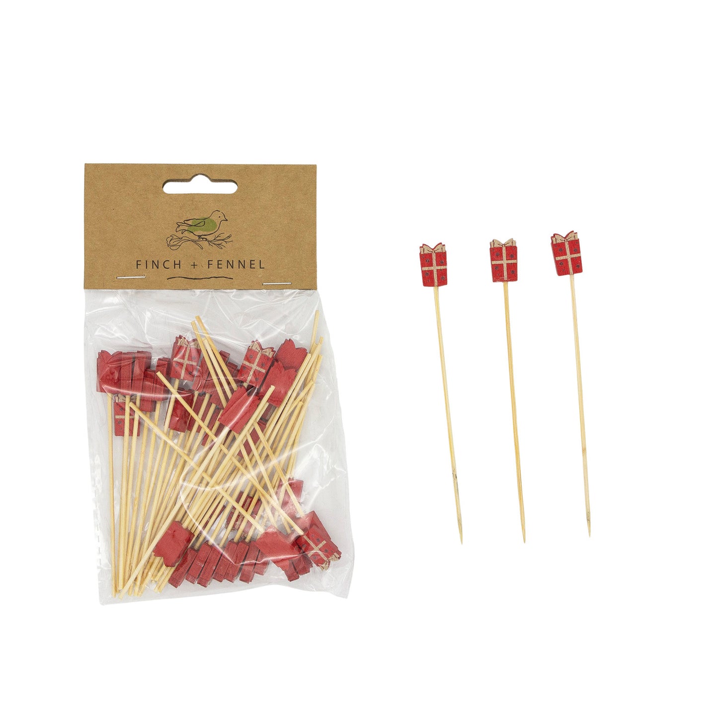 Bamboo Single Use Picks w/ Gift Shaped Handles, Natural & Red, Set of 50