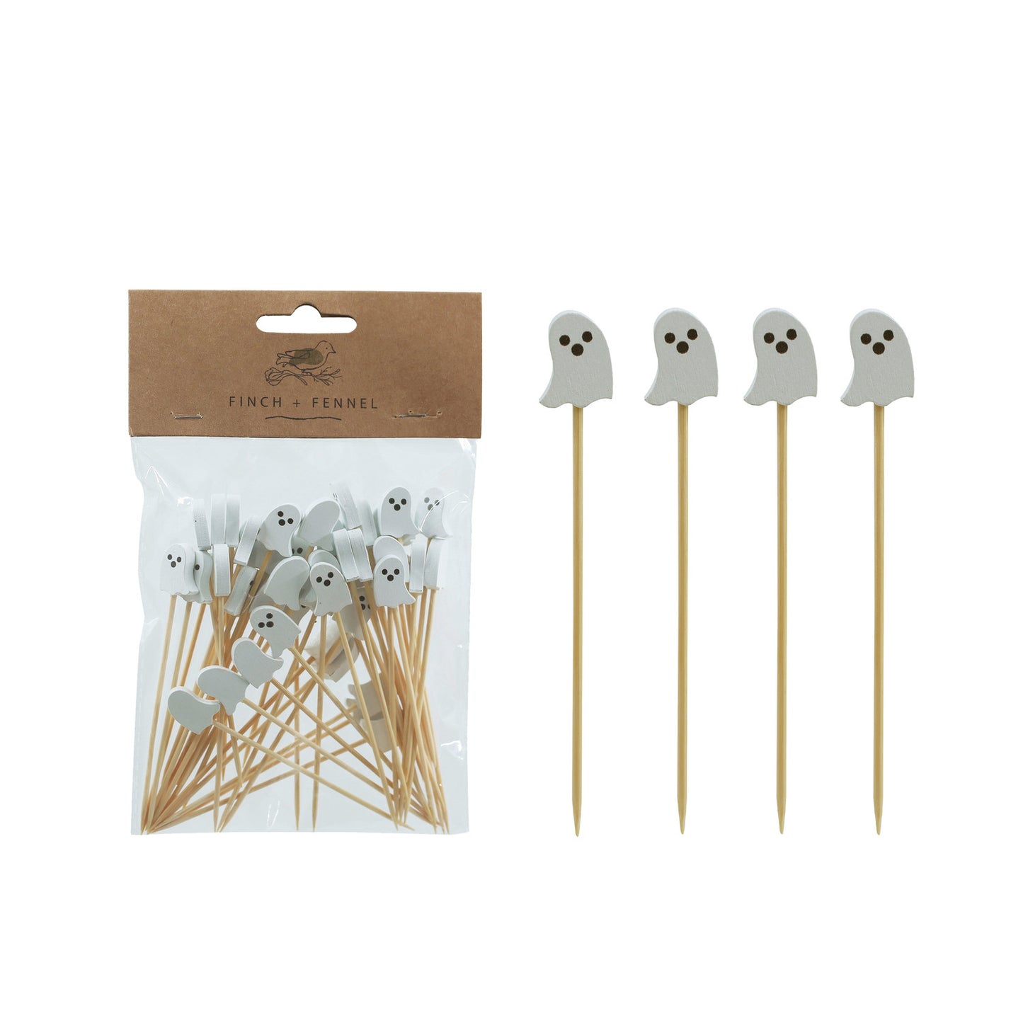 Bamboo Single Use Picks w/ Ghost Shaped Handles, Natural, White & Black, Set of 50