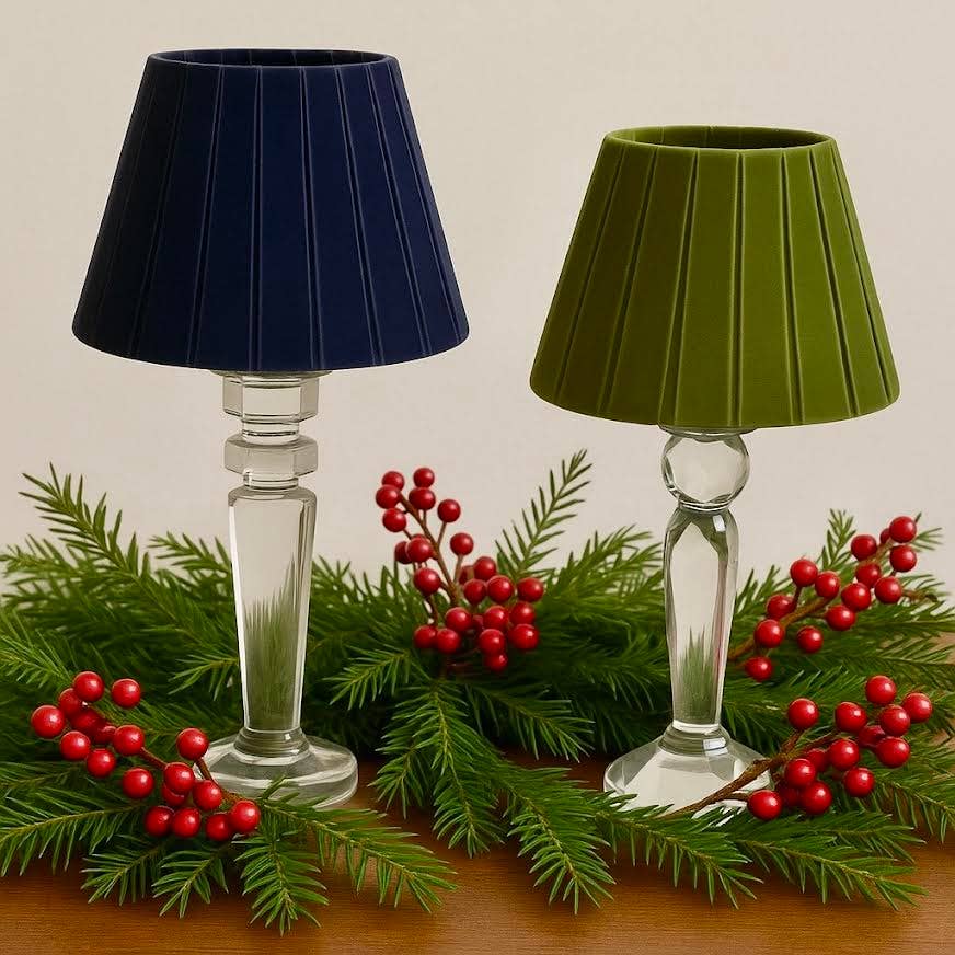 Round Crystal Rechargeable Lamp with Velvet Pleated Shade: Deep Navy