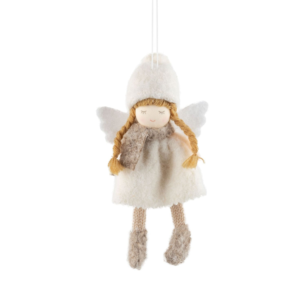 Fabric angel ornament with hat, gray scarf and. boots