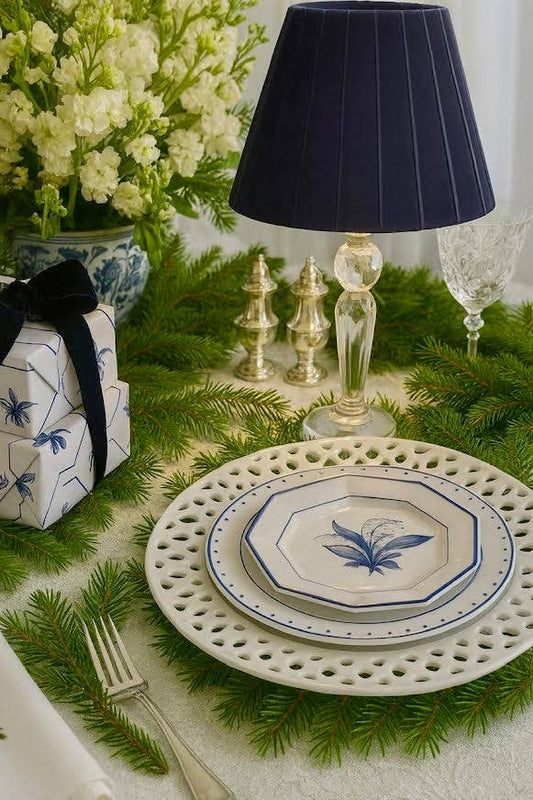 Round Crystal Rechargeable Lamp with Velvet Pleated Shade: Deep Navy