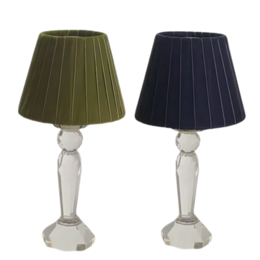 Round Crystal Rechargeable Lamp with Velvet Pleated Shade: Deep Navy