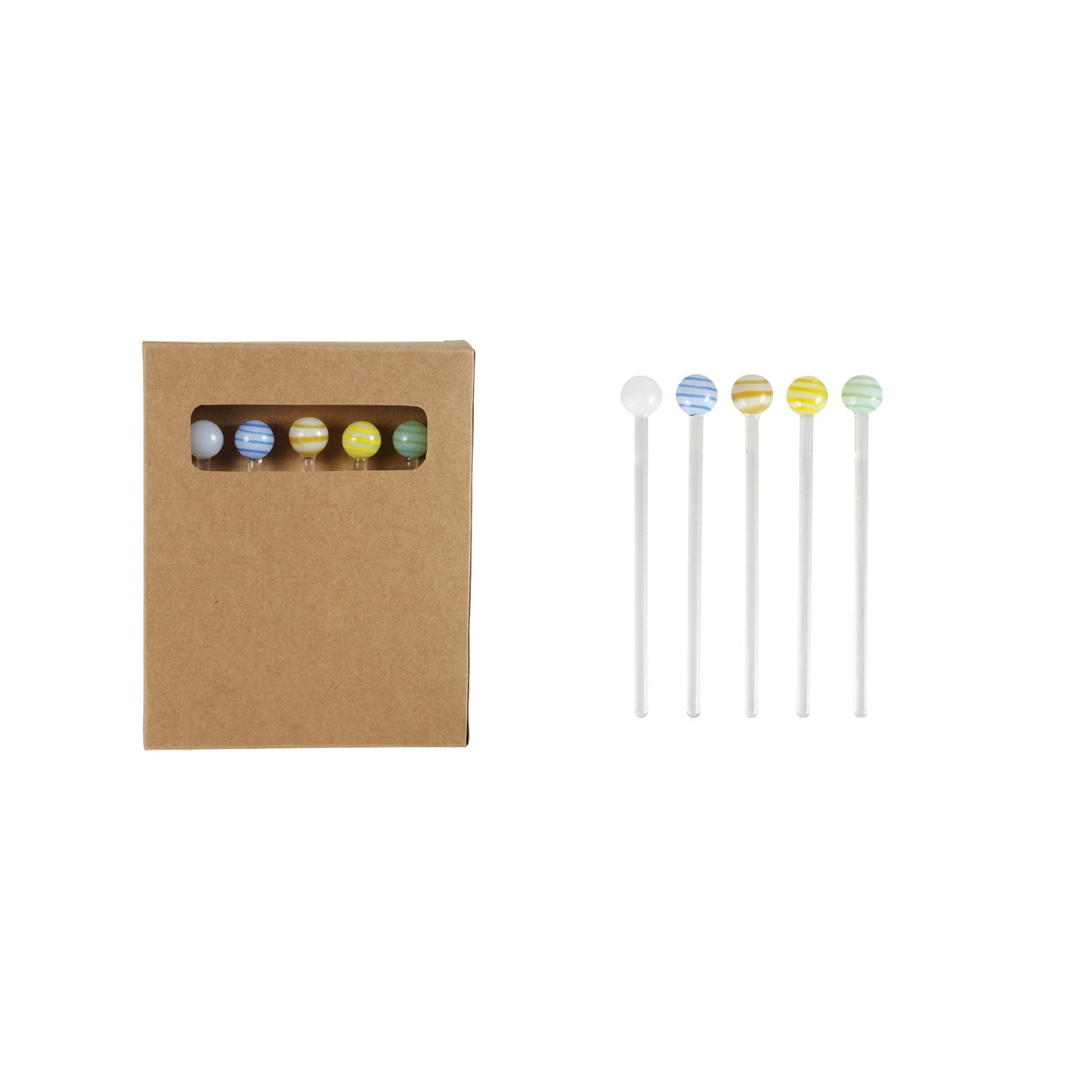 6-1/2"L Hand-Blown Glass Cocktail Stirrers with Striped Ball Handles, Boxed Set of 5