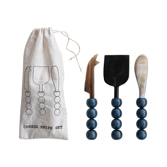 Natural Horn Cheese Knives with Resin Handles, Set of 3 in Bag (Each One Will Vary)