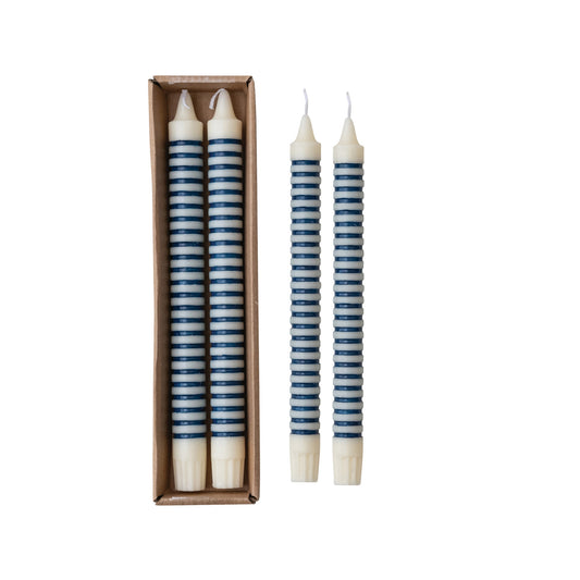 Unscented Striped Taper Candles in Box, Blue, Set of 2