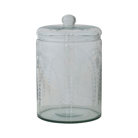 7-1/4 Quart Hand-Blown Glass Jar with Etched Botanicals & Lid
