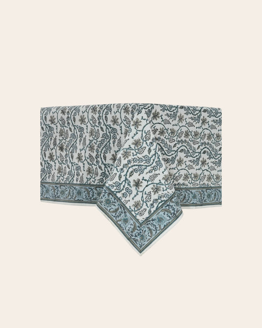 70 X 118” Denim and Baby Blue Indian Floral Tablecloth