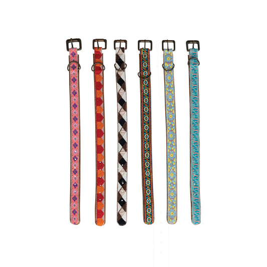 Cotton & Leather Dog Collar w/ Embroidery & Metal Buckle, Multi Color, 6 Styles, Small