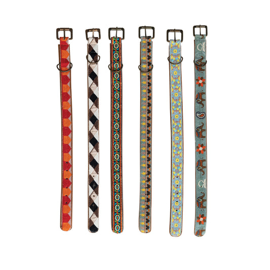 Cotton & Leather Dog Collar w/ Embroidery & Metal Buckle, Multi Color, 6 Styles, Medium