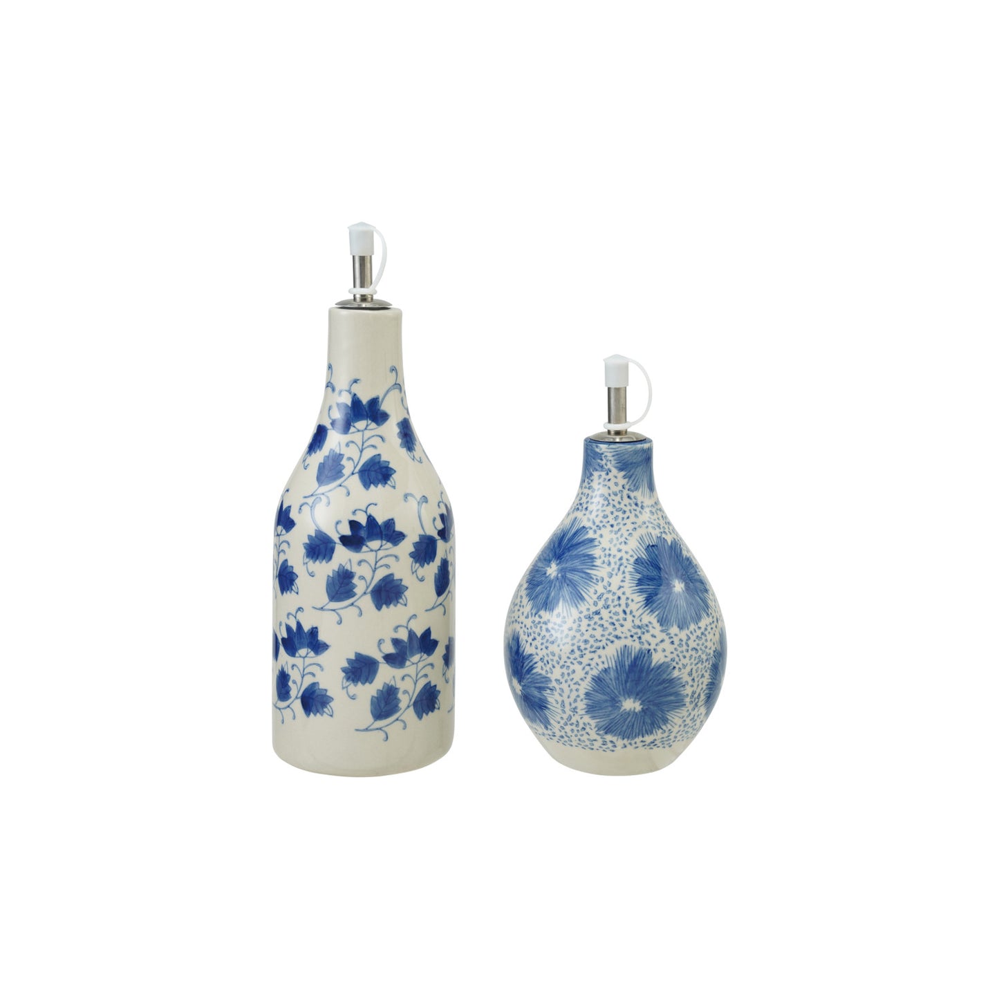 Stoneware Oil Cruet with Floral Pattern, Stainless Steel Spout