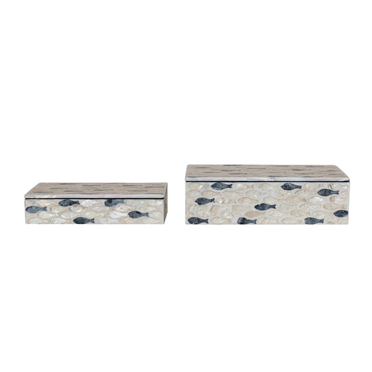 MDF & Capiz Boxes w/ Inlaid Fish, Natural & Charcoal Color, Small