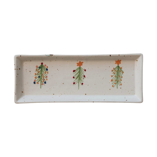 12"Lx4-1/2"W Stoneware Platter w Christmas Trees, Multi Color
