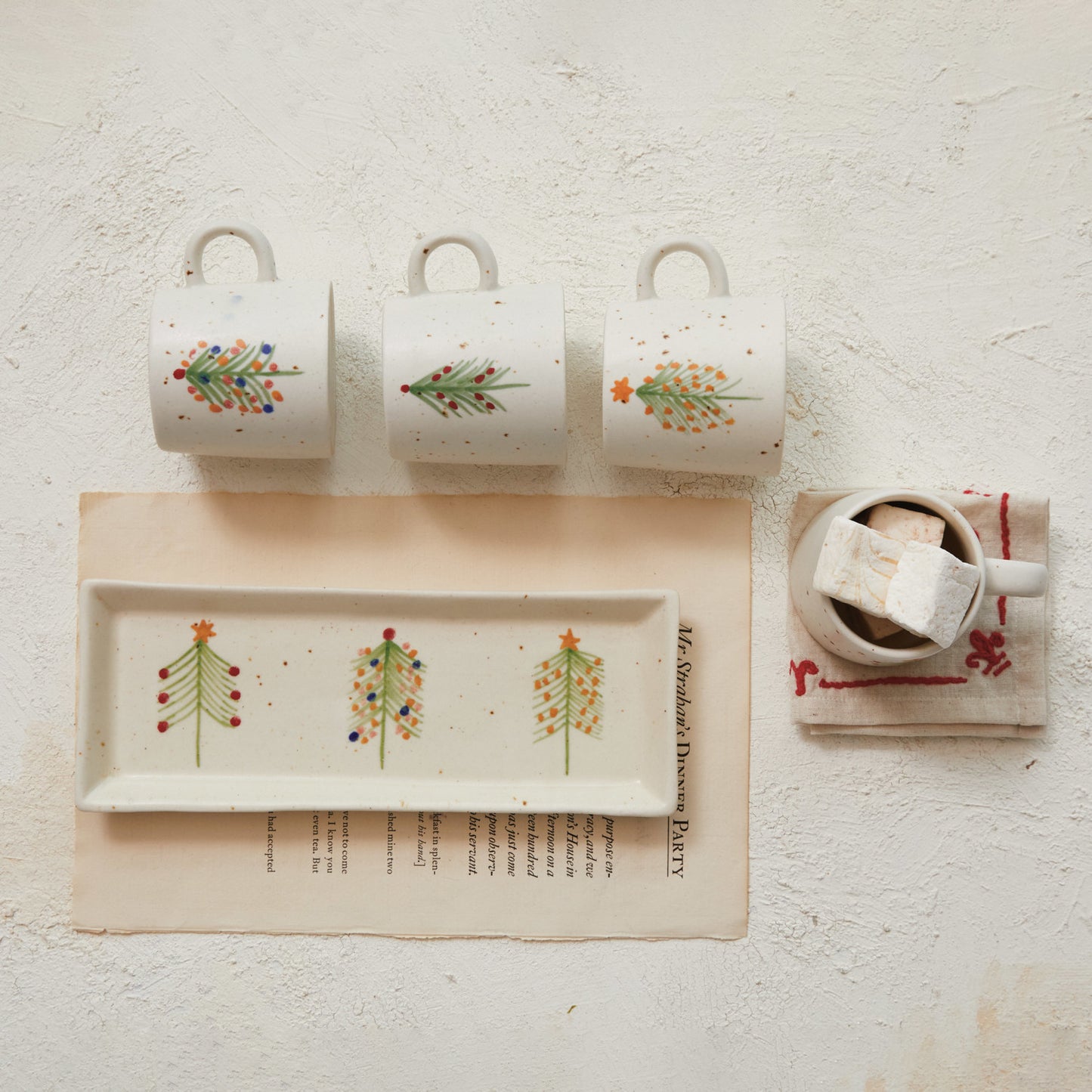 12"Lx4-1/2"W Stoneware Platter w Christmas Trees, Multi Color