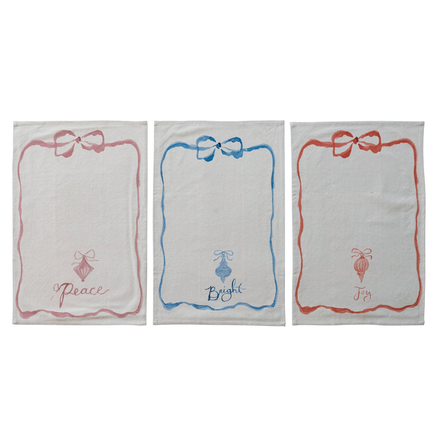 Cotton Printed Tea Towel with Bow, Ornament & Word, 3 Styles