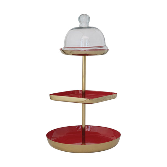 Enameled Metal 3-Tier Tray with Glass Cloche, Set of 2, KD