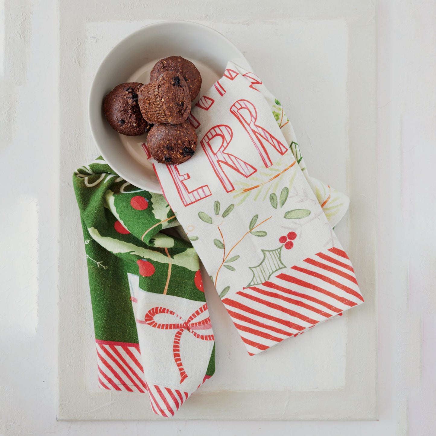 Cotton Slub Printed Tea Towel with Seasonal Image/Saying, 2 Styles