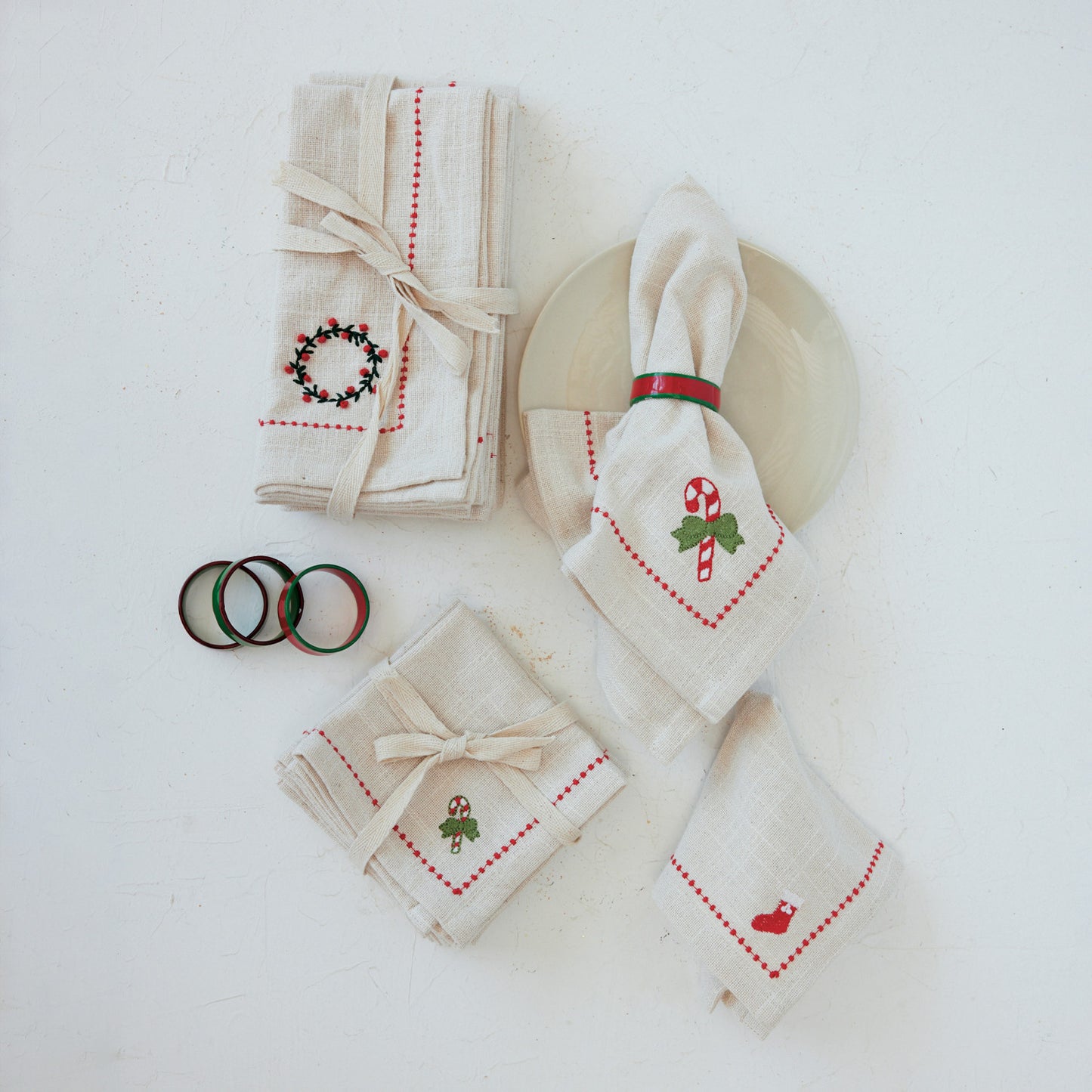 Woven Cotton Napkins with Embroidered Holiday Icons, Set of 4 Tied with Cotton Tape