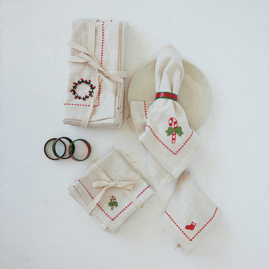 Woven Cotton Napkins with Embroidered Holiday Icons, Set of 4 Tied with Cotton Tape