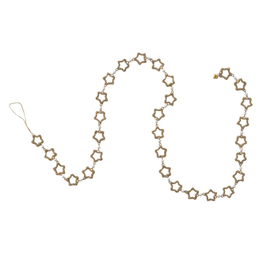 Metal & Glass Beaded Star Garland with Faux Pearls, Gold Finish