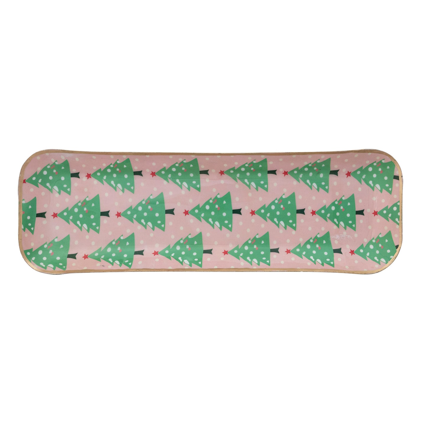 Enameled Metal Tray with Tree Pattern & Gold Edges