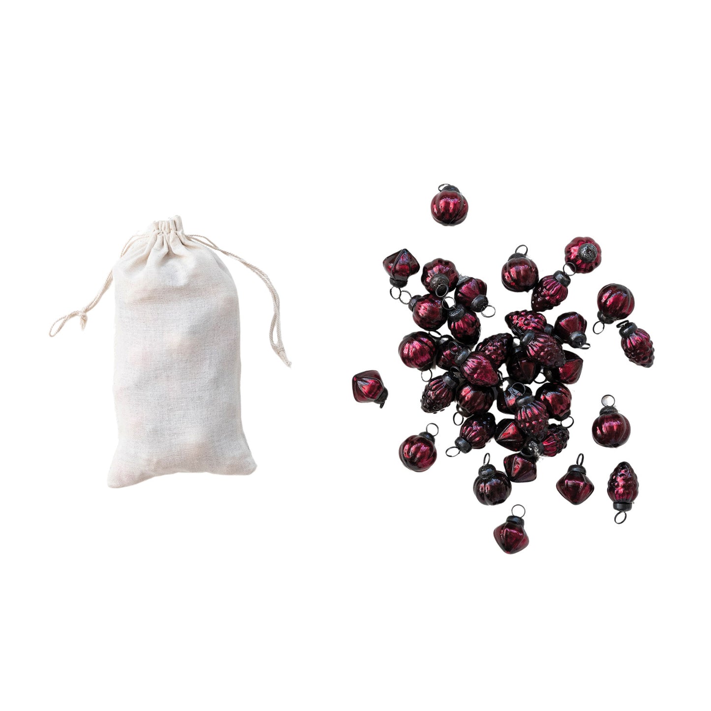 Embossed Mercury Glass Ornaments in Muslin Bag, Burgundy, Set of 36