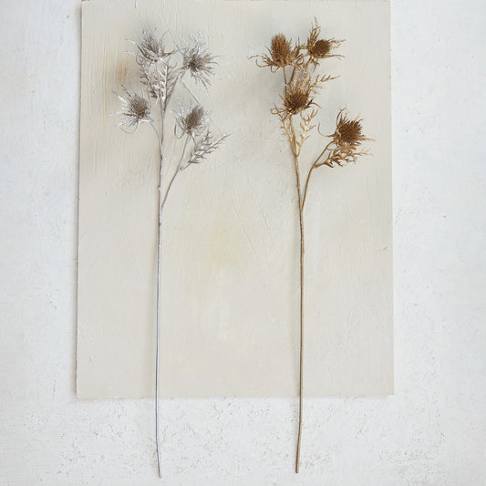 Faux Thistle Stem with Glitter, Gold Finish