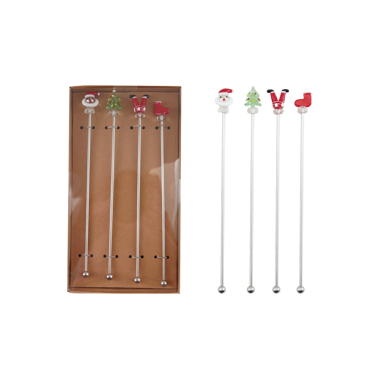 Stainless Steel Cocktail Stirrers with Hand-Blown Glass Holiday Icons, Boxed Set of 4