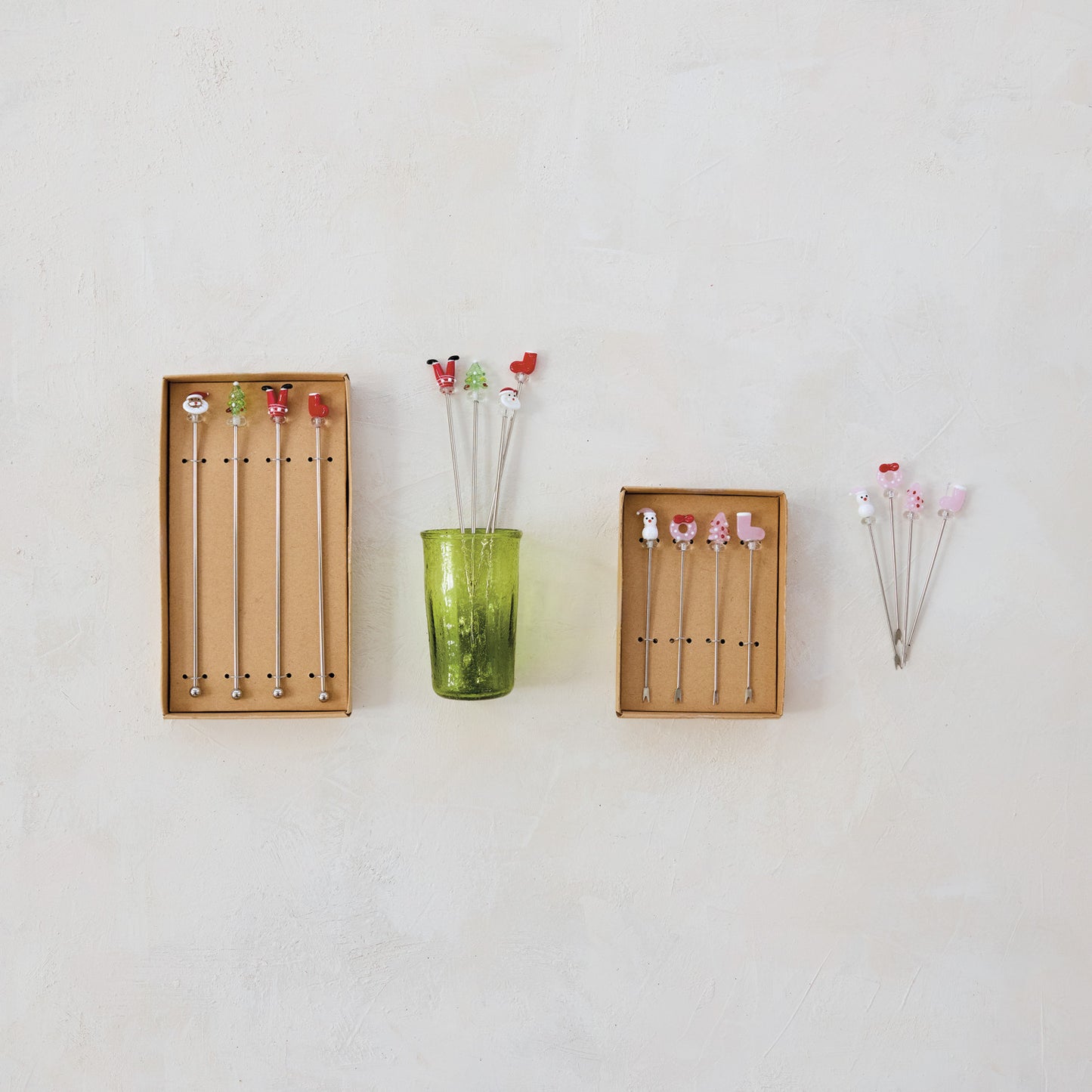 Stainless Steel Cocktail Stirrers with Hand-Blown Glass Holiday Icons, Boxed Set of 4