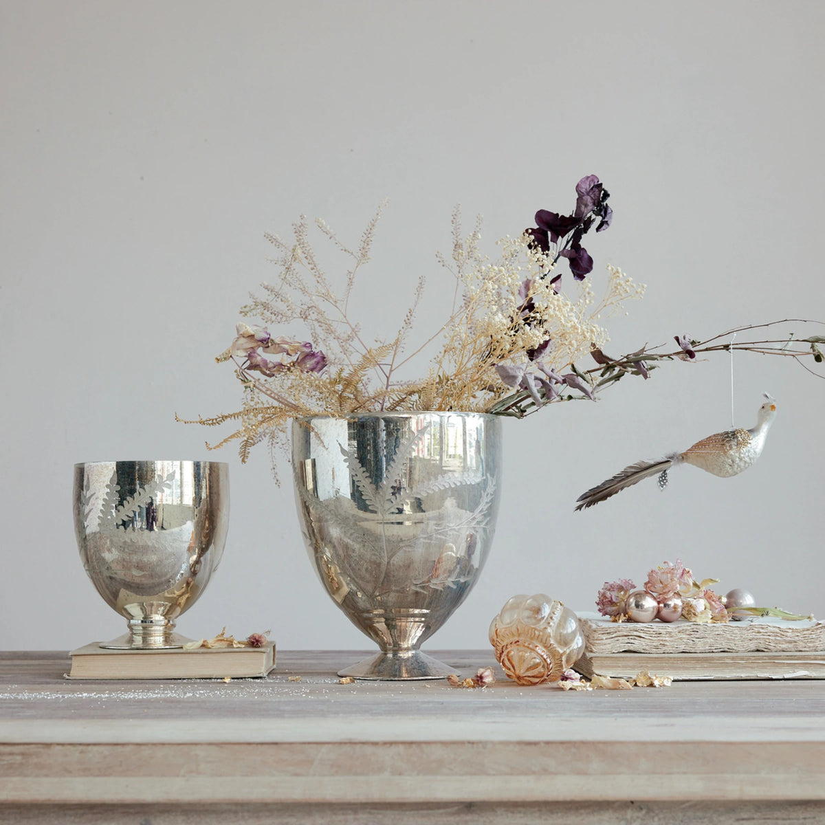 Etched Mercury Glass Footed Vase, Small