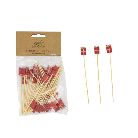 Bamboo Single Use Picks w/ Gift Shaped Handles, Natural & Red, Set of 50