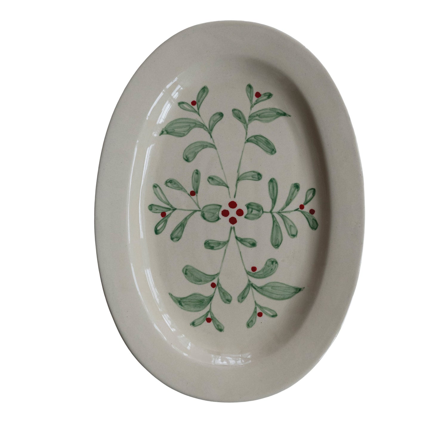 Hand-Painted Stoneware Platter with Mistletoe, Green & Red